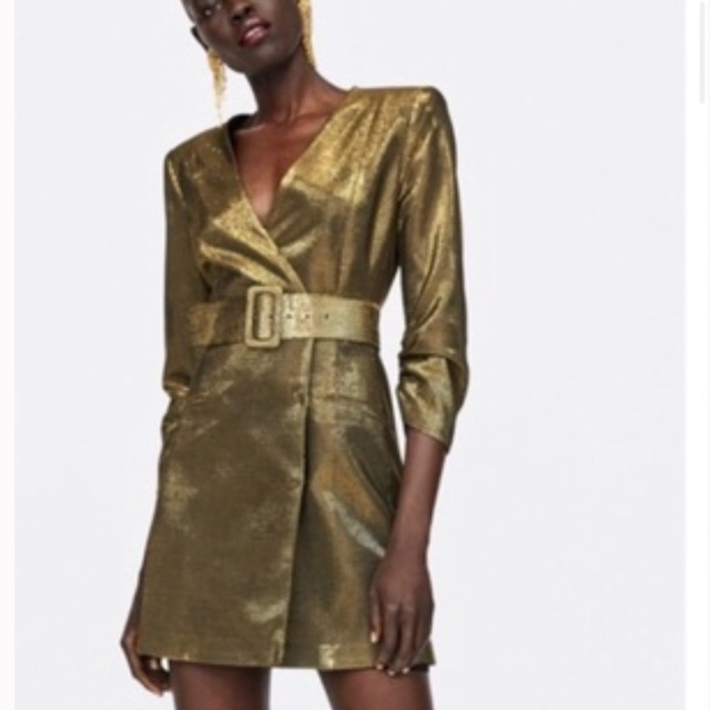 Zara gold belted blazer dress,